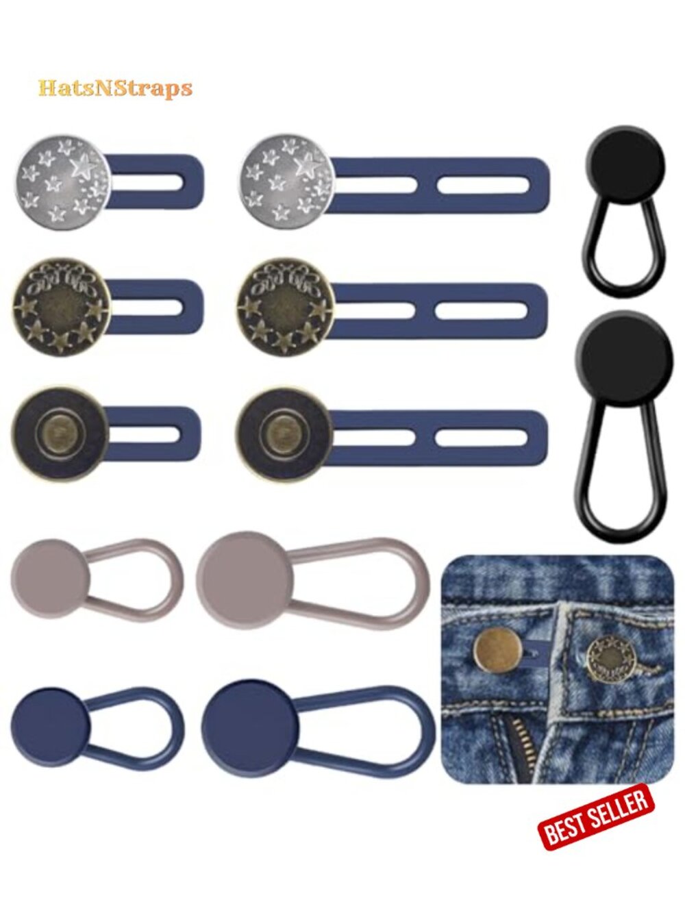 12 No-Sew Waistband Button Extenders for Jeans & Pants, Adjustable Metal &